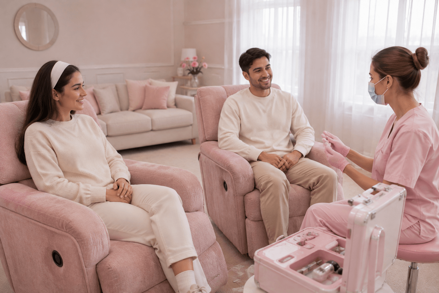 Two people seated in a home setting waiting for whitening treatment appointments